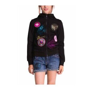 Desigual Reversible Zip Hoodie Girls 13/14 Black Pink Mary Graphic Patch NWOT
